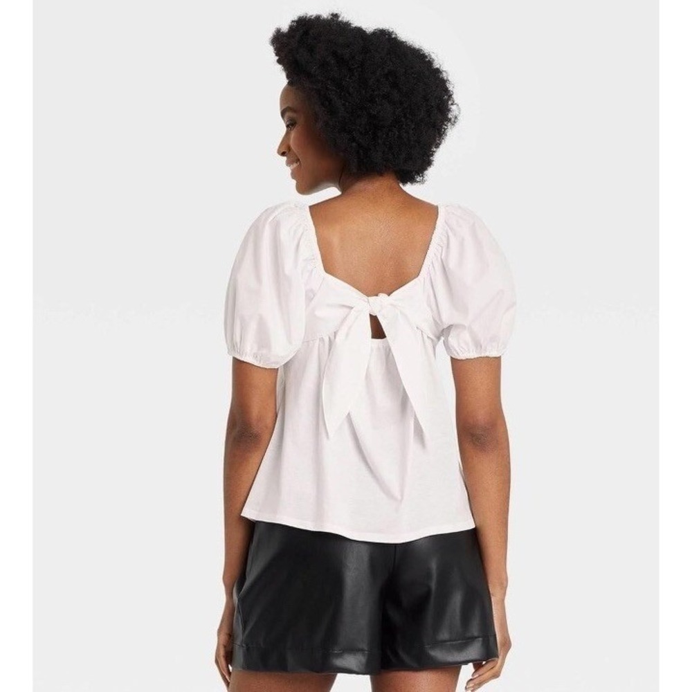 A New Day Blouse Women XS White NWT Puff Sleeve Bow Tie Back Peasant Top